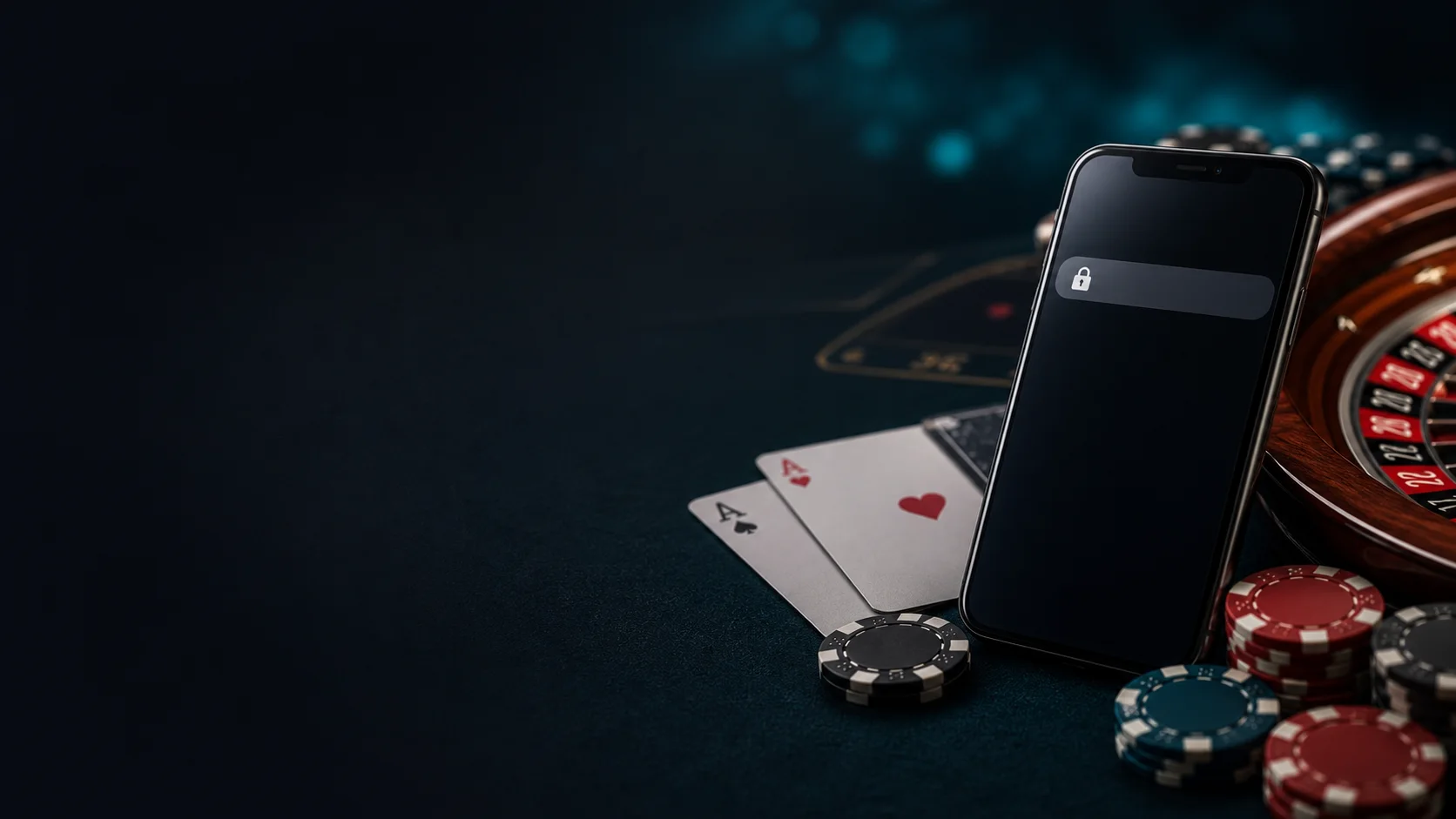EfendiCasino güncel giriş ve güvenli adres kontrolü için mobil cihaz, kilit simgesi ve casino masası görseli.