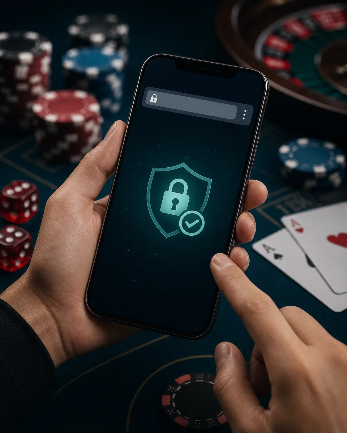 EfendiCasino mobil girişte güvenli adres kontrolünü anlatan telefon ve kilit görseli.