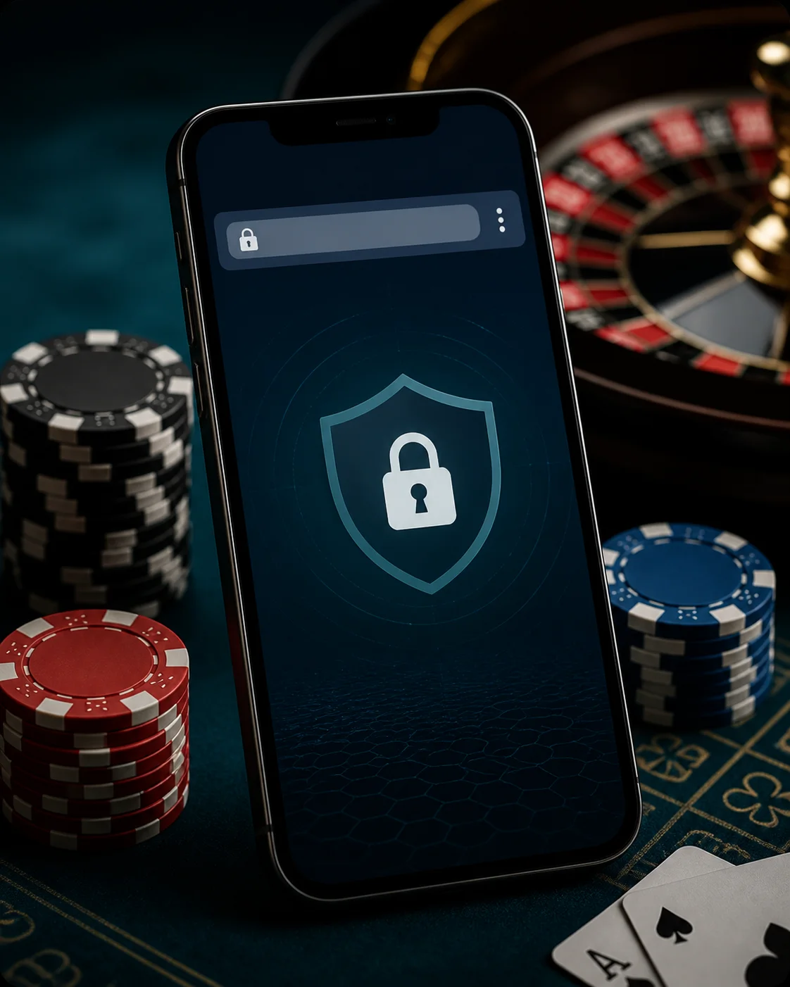 EfendiCasino mobil giriş ve güvenli adres kontrolünü anlatan telefon, kilit ve casino masası görseli.
